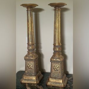 Set of two gold candle holders antique 25” Height